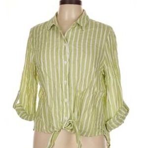 LOLA RIVER Tie Front Green White Striped Shirt Button Up Blouse Women's Sz SMALL